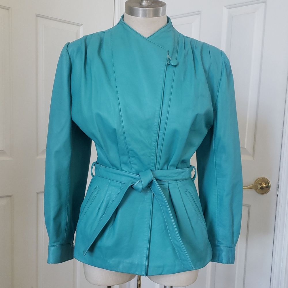 Vintage 80's Turquoise Leather Belted Jacket - Picture 4 of 15